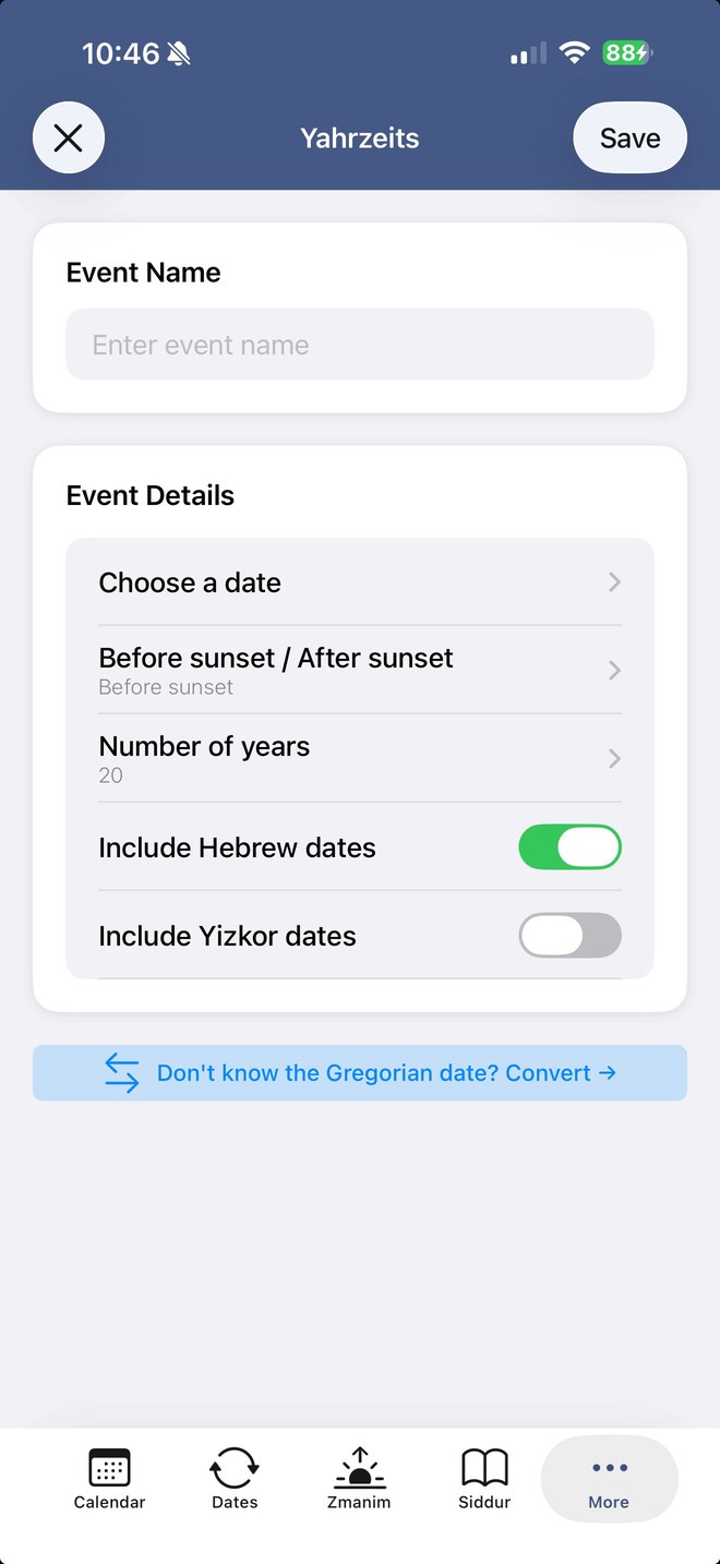 Add-event form in the app — name, date, before/after sunset, number of years, Yizkor dates
