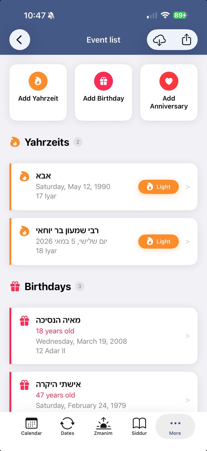 Event list in the app with Yahrzeits and Birthdays, Light button next to each yahrzeit